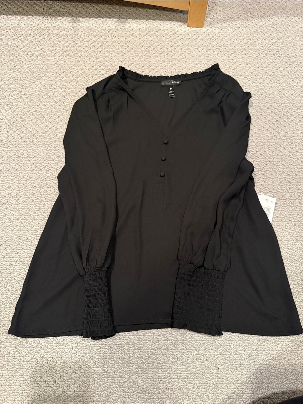 Aqua Black V-Neck Blouse with Smocked Cuffs